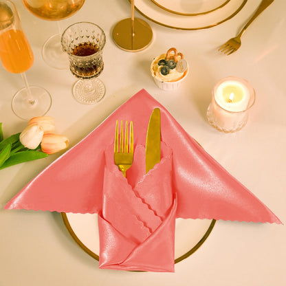 Manyshofu 20 Pieces Coral Satin Scalloped Napkins - 18x18 Inches Satin Cloth Napkins, Square Fabric Napkin Set - Elegant & Smooth Table Napkins for Wedding Dinner Party Banquet Restaurant