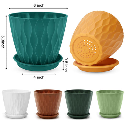 YNNICO 6 inch Plant Pots, 6 Pack Flower Pots Outdoor Indoor, Planters with Drainage Holes and Tray Saucers-Multicolor