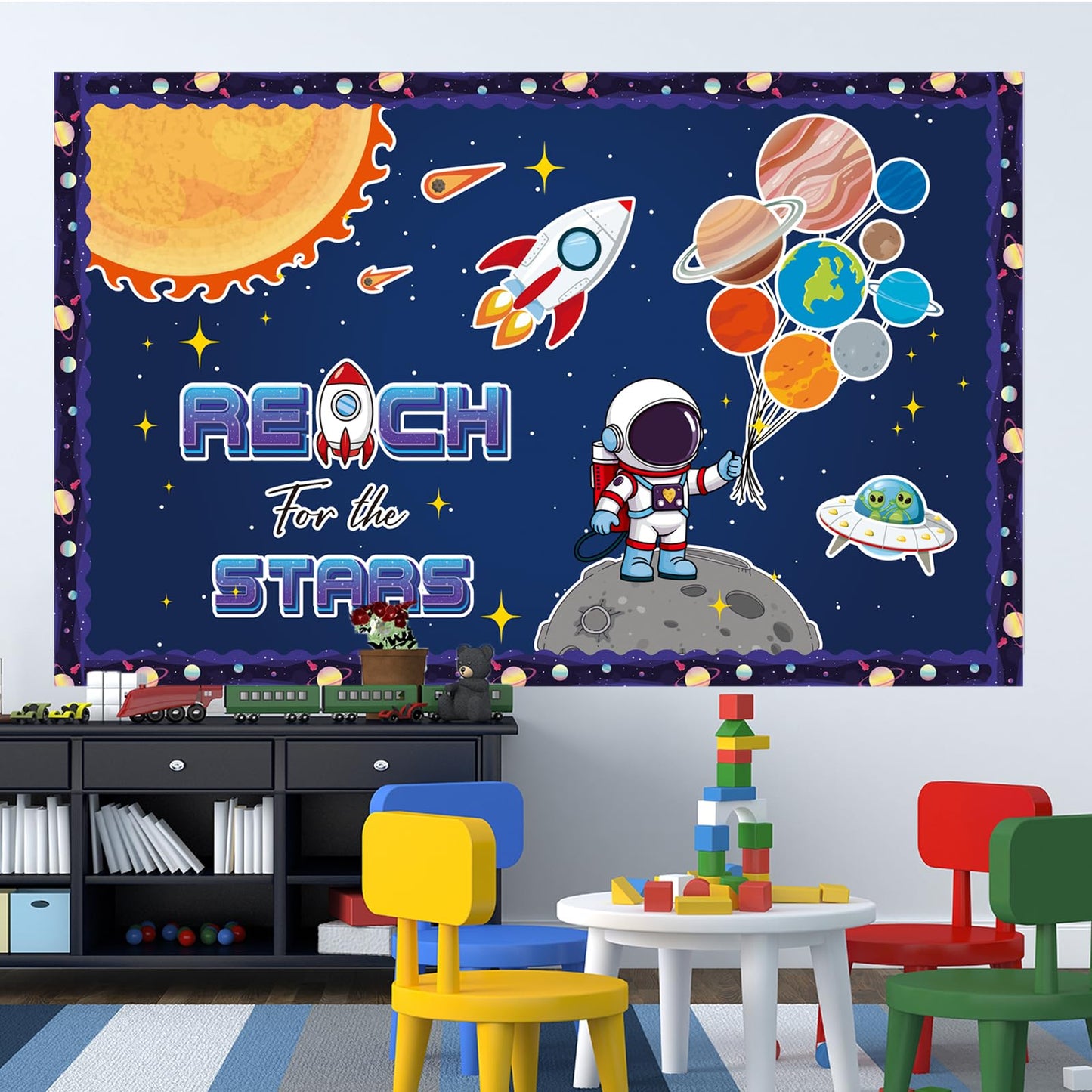 Outer Space Bulletin Board Decorations Set with Borders Space Theme Solar System Motivational Cutouts Decor for Teachers Astronaut Bulletin Board for Class School Classroom Chalkboard Wall Decor