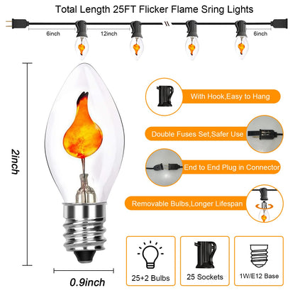 C7 Christmas Flicker Flame String Lights, 25Ft C7 Outdoor Christmas Decorations String Lights with Clear Flicker Flame Bulbs, Hanging Patio Lights for Christmas Halloween Party Garden Porch-Black