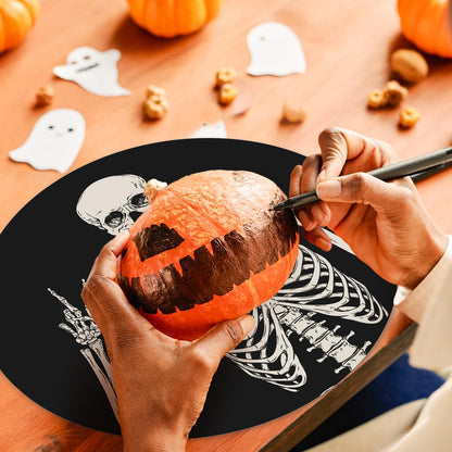 JarThenaAMCS 50Pcs Halloween Paper Placemats Smiling Skeleton Dinner Mats Black Disposable Round Table Mats for Trick or Treat Party Table Setting
