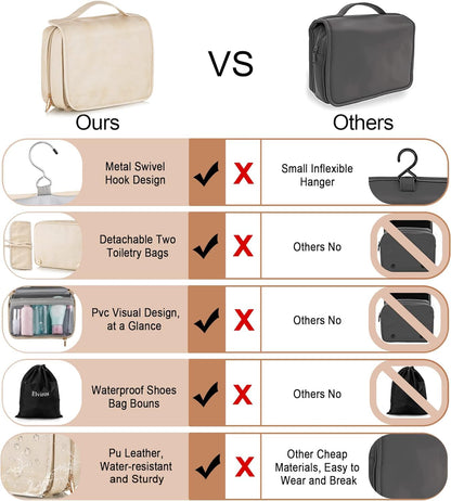 Elviros Hanging Travel Toiletry Bag for Women, 3-in-1 Large Makeup Bag and Cosmetic Organizer, Vegan Leather Waterproof Skincare Case for Travel Size Toiletries and Accessories, Gift for Women
