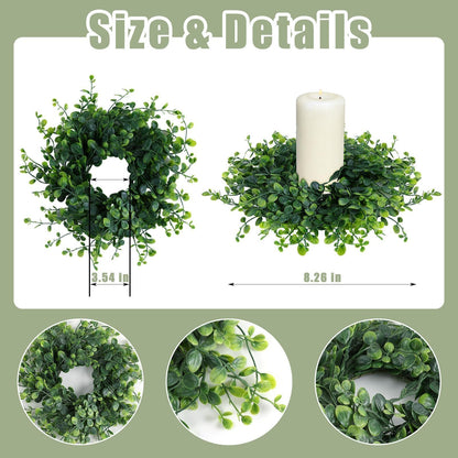 Mini Green Boxwood Candle Rings Wreaths Spring Summer Kitchen Cabinet Swags Wreath 3 Inch Wedding Rings Wreaths Pillar Candle Holder for Wedding Home Door Tabletop Decor