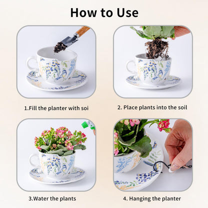 TEATALK Hanging Planters for Indoor Plants, Ceramic Pots with Drainage Hole, 6.3 Inch Hanging Planter with Chain, Outdoor Hanging Baskets for Plants, Birds & Flowers, Cup Shape