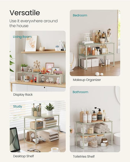 SONGMICS Cabinet Organizer Shelf, Set of 2 Kitchen Counter Shelves, Kitchen Storage, Spice Rack, Stackable, Expandable, Metal and Engineered Wood, Cappuccino Beige UKCS200K01
