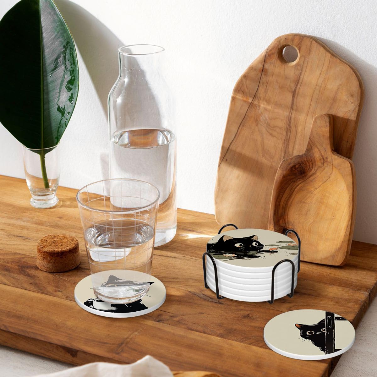 Aowced Drink Absorbent Coasters with Holder Set of 6, Ceramic Stone with Cork Base, Cute Black Cat Design Coaster for Drinks, Gift for Housewarming Room Bar Home Decor Kitchen