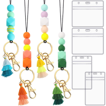 Outus 4 Pcs Teacher Lanyards with Badge Holders, Beaded ID Holder Lanyard for Teachers, Classroom Essentials for Teachers, Back to School Teacher Supplies, Staff Badge Key Holder