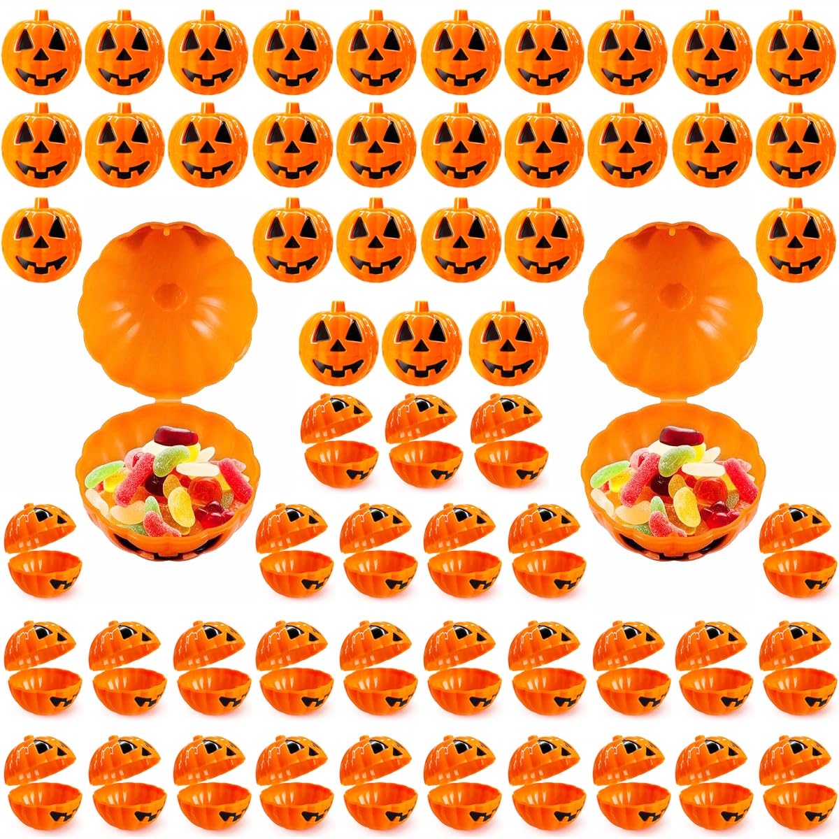 60PCS Halloween Pumpkin Containers Plastic pumpkin Bulk Orange halloween Buckets Halloween Eggs Candy Holder Mini pumpkins for Egg Hunt Treats