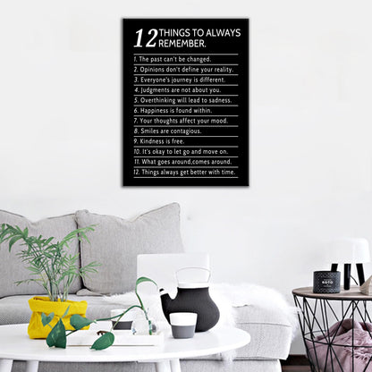 DINGFUN Inspirational Posters for Office 12 Things to Always Remember Canvas Wall Art, Black White Quote Single Panel Wall Decor for Home Office Dorm Classroom 24x18 Inch