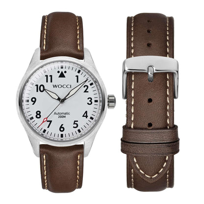 WOCCI 23mm Vintage Leather Watch Band for Men and Women, Silver Buckle (Dark Brown/Contrasting Stitch)