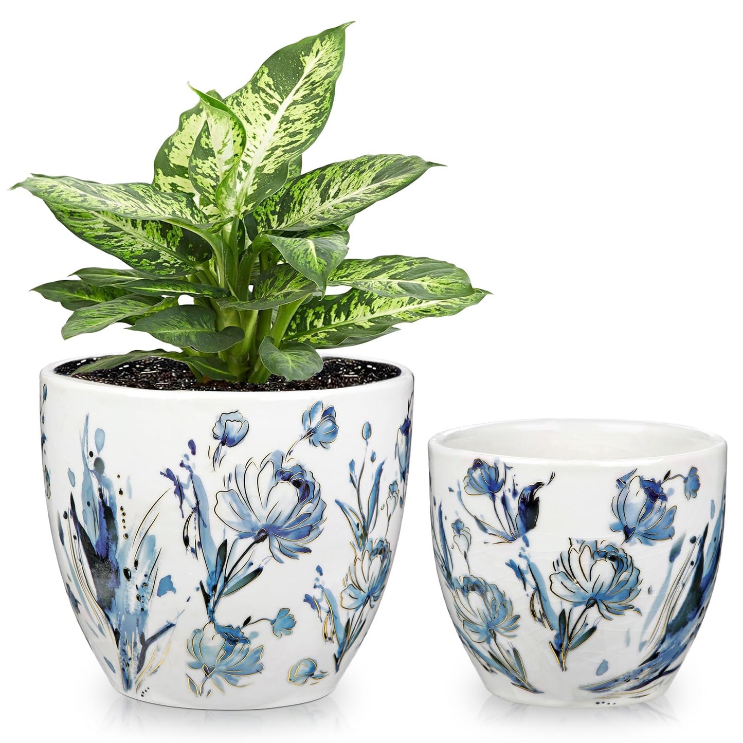 Decorative Flower Pots Blue and White Plant Pot Gold Accent Ceramic Planters for Indoor Plants Pots with Drainage Retro Planter Pot for Succulents Cactus Herb Snake Plants Outdoor Garden, 7.6/5.5 Inch