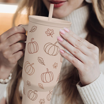 SANDJEST Pumpkin Tumbler with Handle and Straw 40oz – Stainless Sleel Slider Tumbler Travel Coffee Mug for Women - Gift Idea for Fall Autumn Halloween
