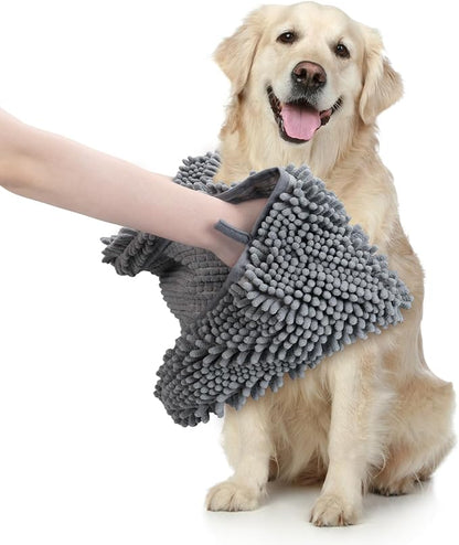 WOUSEDO Microfiber Chenille Dog Towel 1 Pack, Super Absorbent & Quick Dry | Pet Bath Shammy Towel, 13.8 x 31.5 Inches, Wash Grooming Towels for Small to Large Pets, Grey