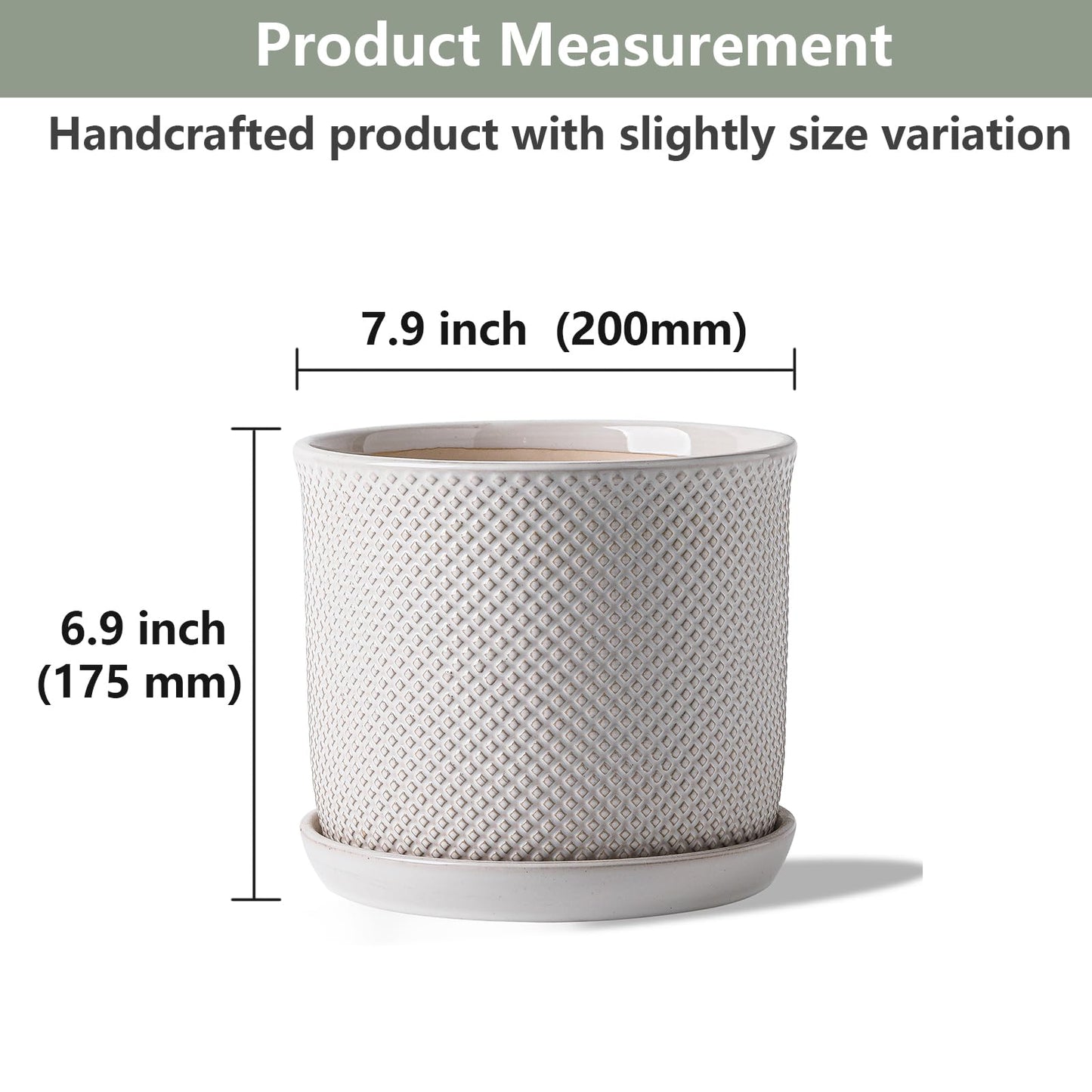 Chubacoo 8 Inch Plant Pot: Ceramic Planter with Drainage Hole & Saucer Indoor Outdoor Plants - Flowerpot with Bonded Tray for Home Office - Beaded Embossed Style, Cream White