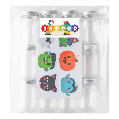 JAPBOR Halloween Candy Jars Containers - 14PCS Halloween Small Plastic Cookie Candy Jar with Lid Pumpkin Ghost Sticker Decoration, DIY Sugar Storage Dish Craft, Party Favor Gift Bottle Decor