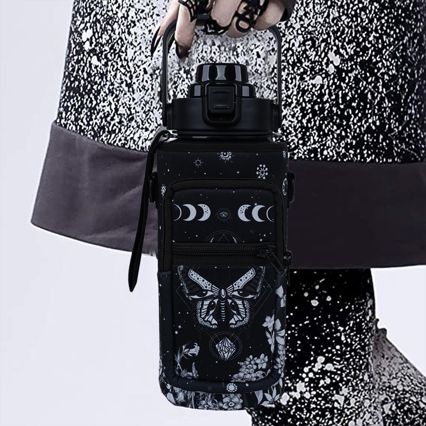 Baiheyi Goth Moon 64 oz Water Bottle with Sleeve - BPA-Free, Leakproof, Time Marker & Flip Top Lid - Motivational for Halloween Spooky Gifts for Women (Christmas, Birthday)