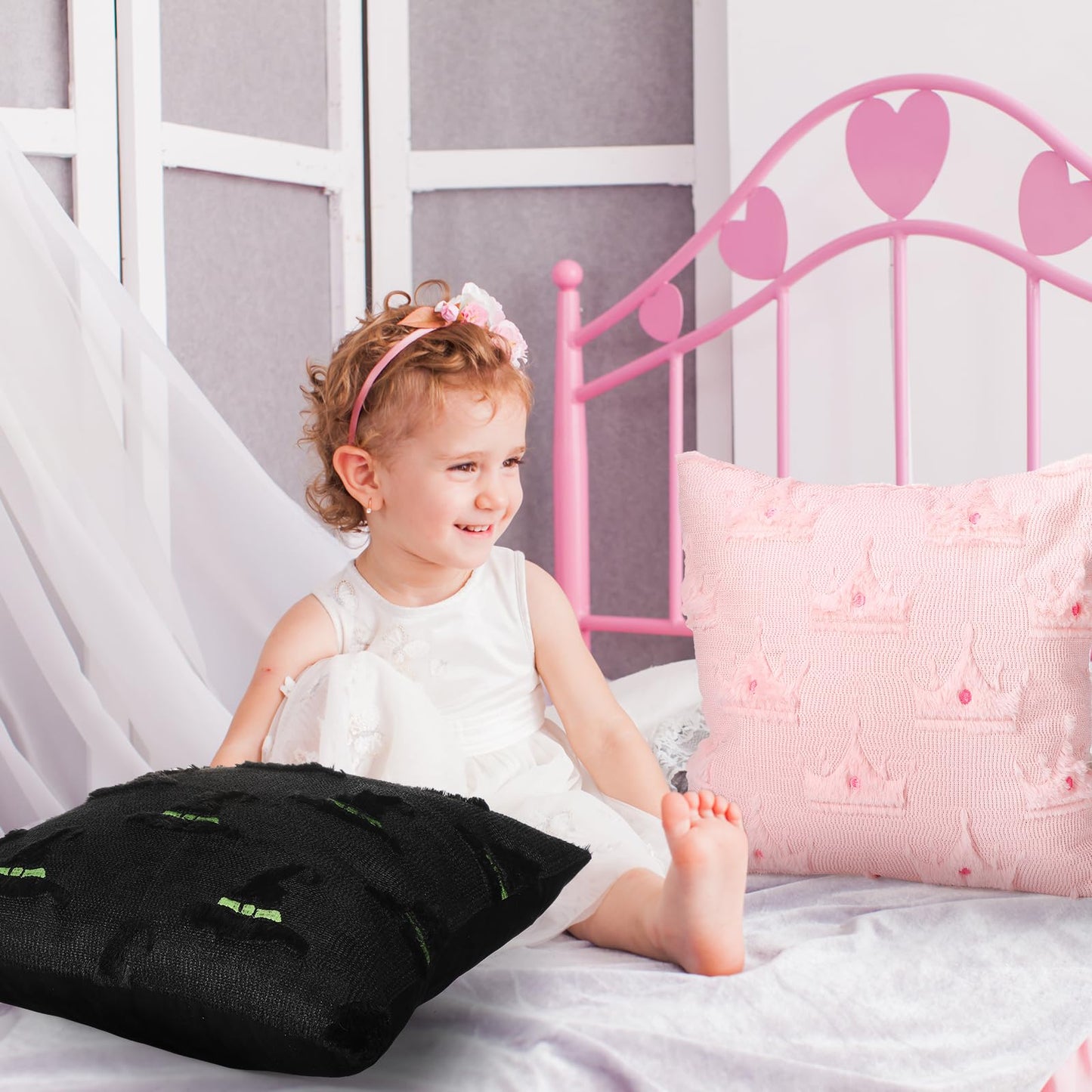 Mindsoft Set of 2 Witch Hat and Pink Crown Pillow Covers for Girls 18x18 Inch Witch Theme Throw Pillow Cases Soft Plush Cushion Covers for Christmas Halloween Sofa Couch Living Room