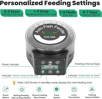hygger Automatic Fish Feeder for Aquarium: Auto Fish Food Dispenser with LED Display & Timer, Aquarium Vacation Feeder with 3 AA Batteries for Betta Turtle Goldfish