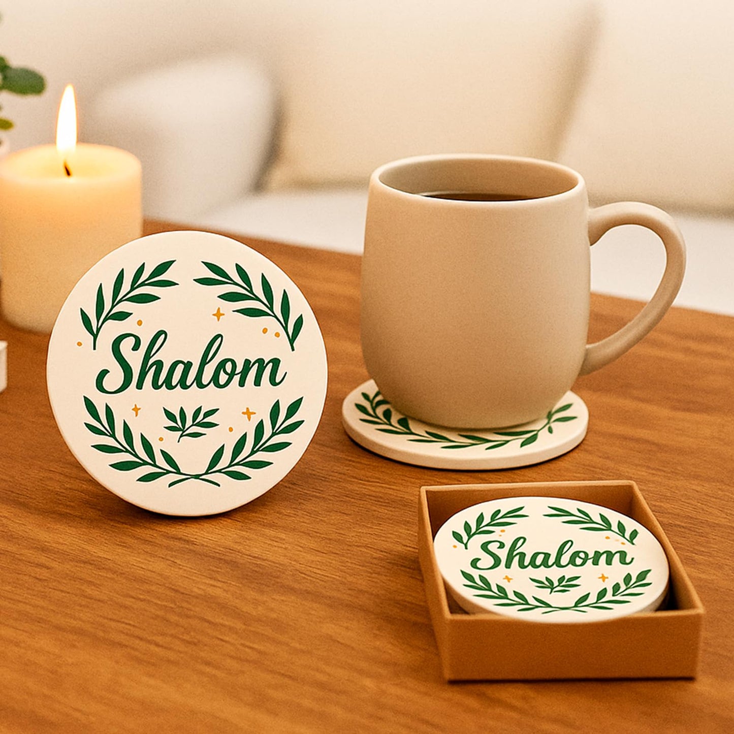 Shalom Coasters Set of 4 Ceramic Drink Coasters with Olive Branch Peace Design Absorbent Stone Coasters with Cork Base Christian & Jewish Gifts Religious Table Decor for Home Holidays