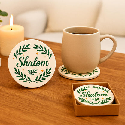Shalom Coasters Set of 4 Ceramic Drink Coasters with Olive Branch Peace Design Absorbent Stone Coasters with Cork Base Christian & Jewish Gifts Religious Table Decor for Home Holidays