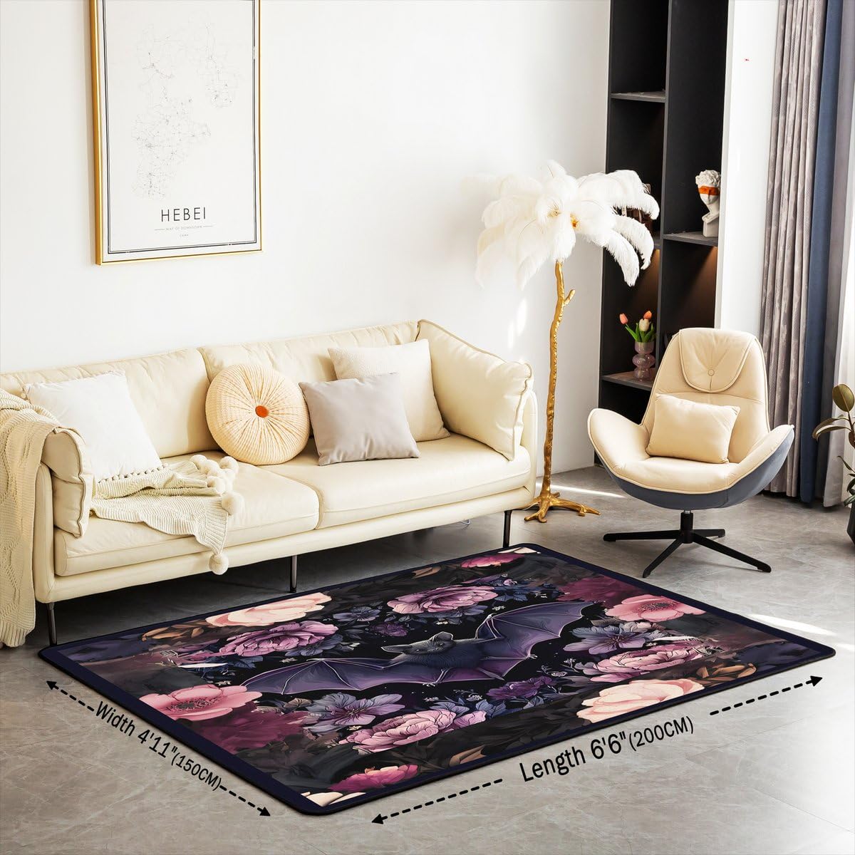 Black Floral Bat 5x7 Area Rug Halloween Bats Living Room Rug | Boho Flowers Rugs for Bedroom, Romantic Plant Gothic Carpet Indoor Floor Mat