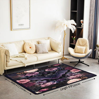 Black Floral Bat 5x7 Area Rug Halloween Bats Living Room Rug | Boho Flowers Rugs for Bedroom, Romantic Plant Gothic Carpet Indoor Floor Mat