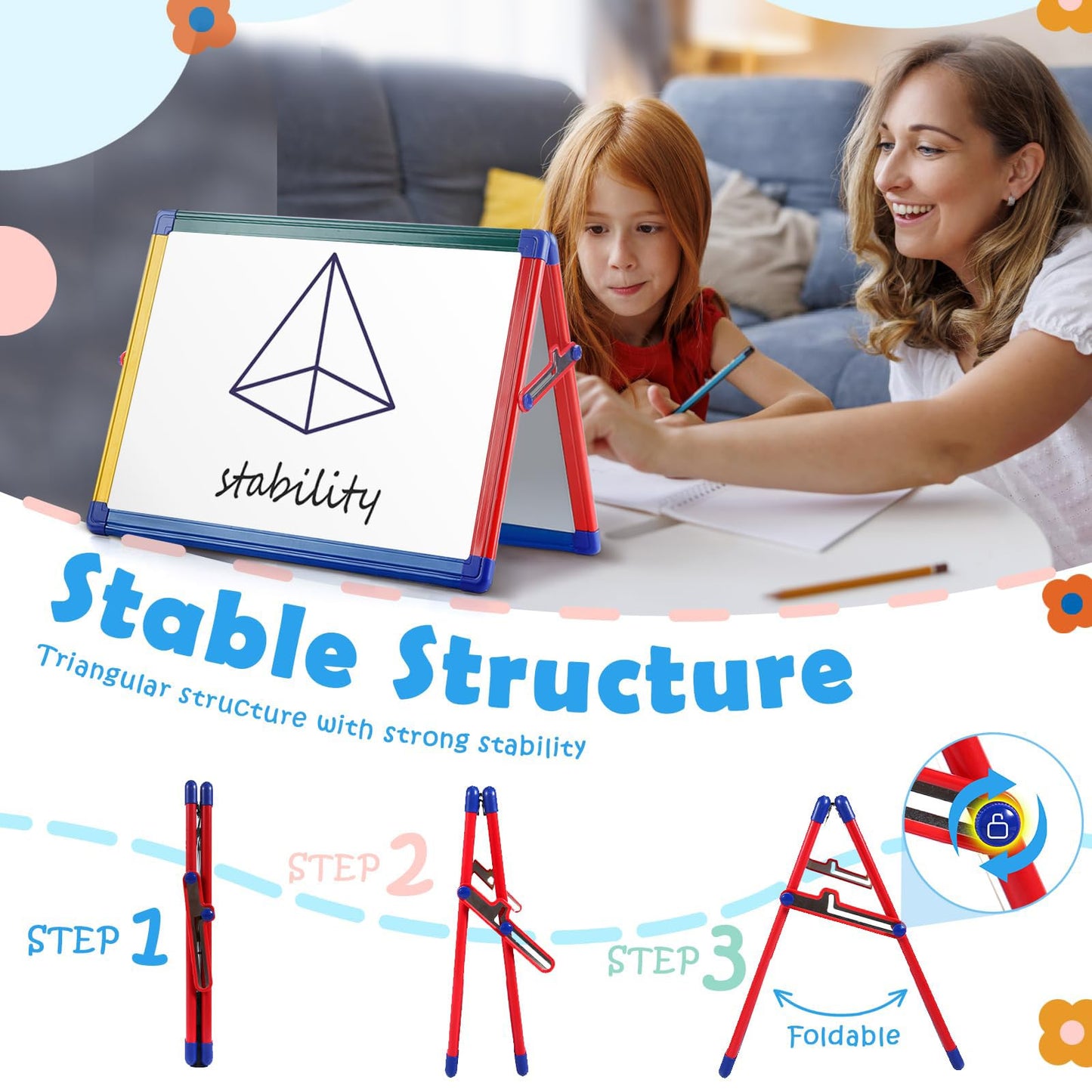 SWANCROWN Portable Dry Erase White Board for Kids, 16x12 inch Toddler Boy Girl Toys Magnetic Table top Whiteboard Small Double Sided Art Easel with 82Pcs Letter Magnets Magnetic Foldable Board