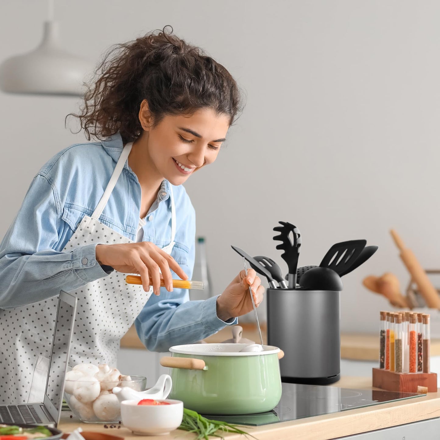 Haiyouneer Kitchen Utensil Holder for Countertop 360° Rotating Utensil Caddy Extra Large Utensil Crock Cooking Utensil Holder for Kitchen Counter (Dark Grey)