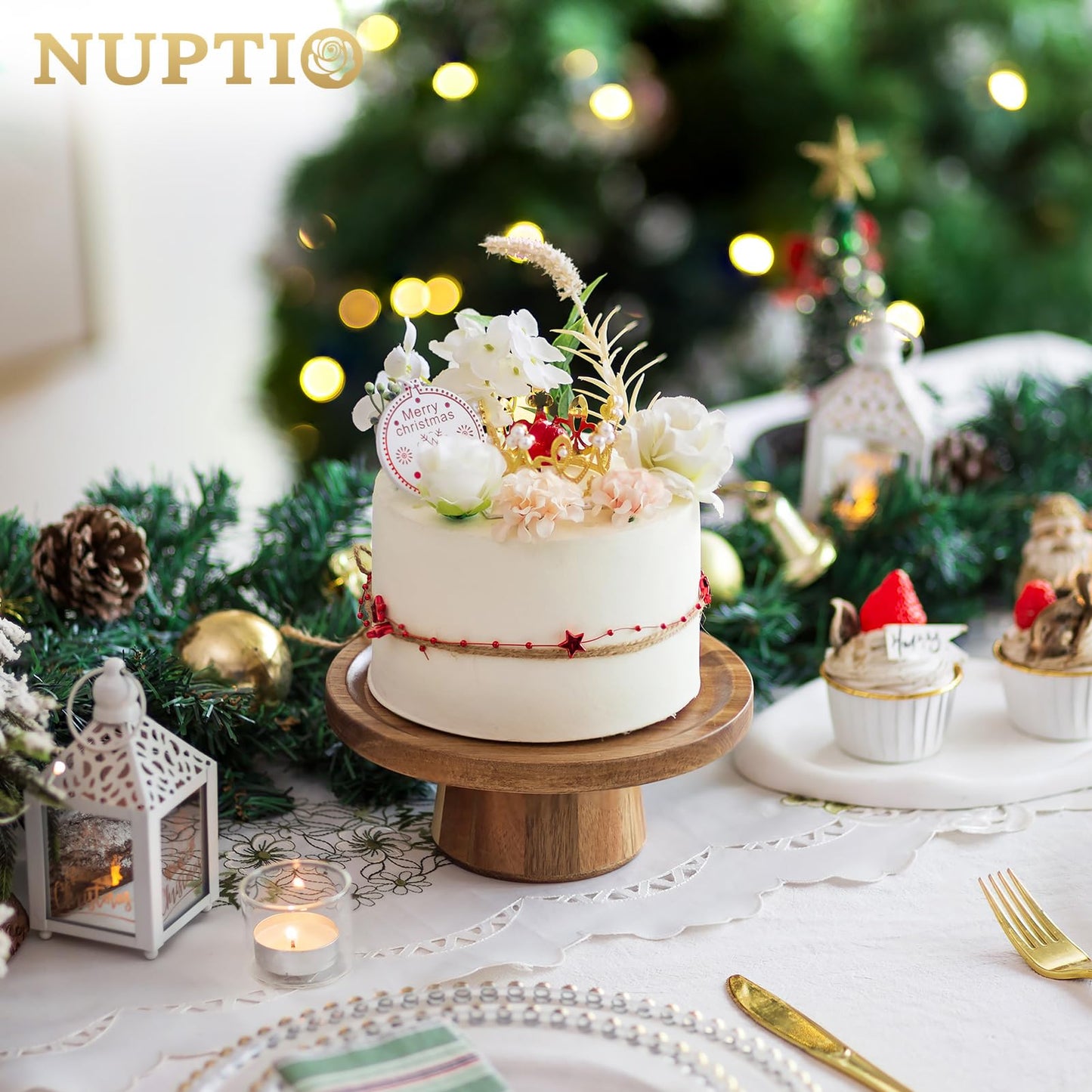 NUPTIO Wood Cake Stand Cupcake Stand: Small Round Cake Display Holder 7.6 Inch Pastry Stands Muffin Snack Platter for Kitchen Wedding Reception Bakery Baby Shower Graduation Dessert Table- 6 Inch Cake
