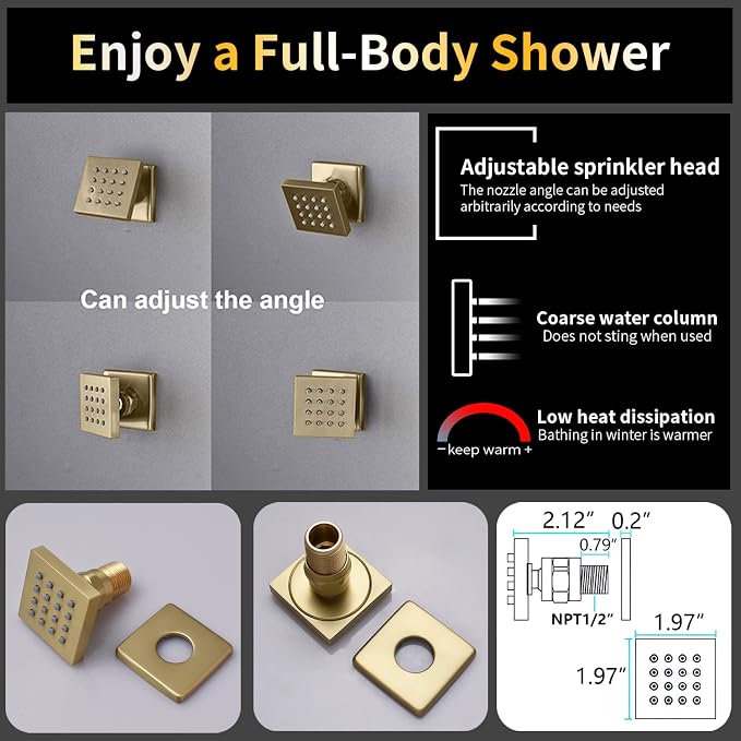 AYIVG Brushed Gold 16 x 26 Inch Full Body Thermostatic Rainfall Shower System 64 Color LED Rainfall Luxury Shower Head System with 6 Spray Jets Ceiling Mount Rain Temperature Display Shower Faucet Set