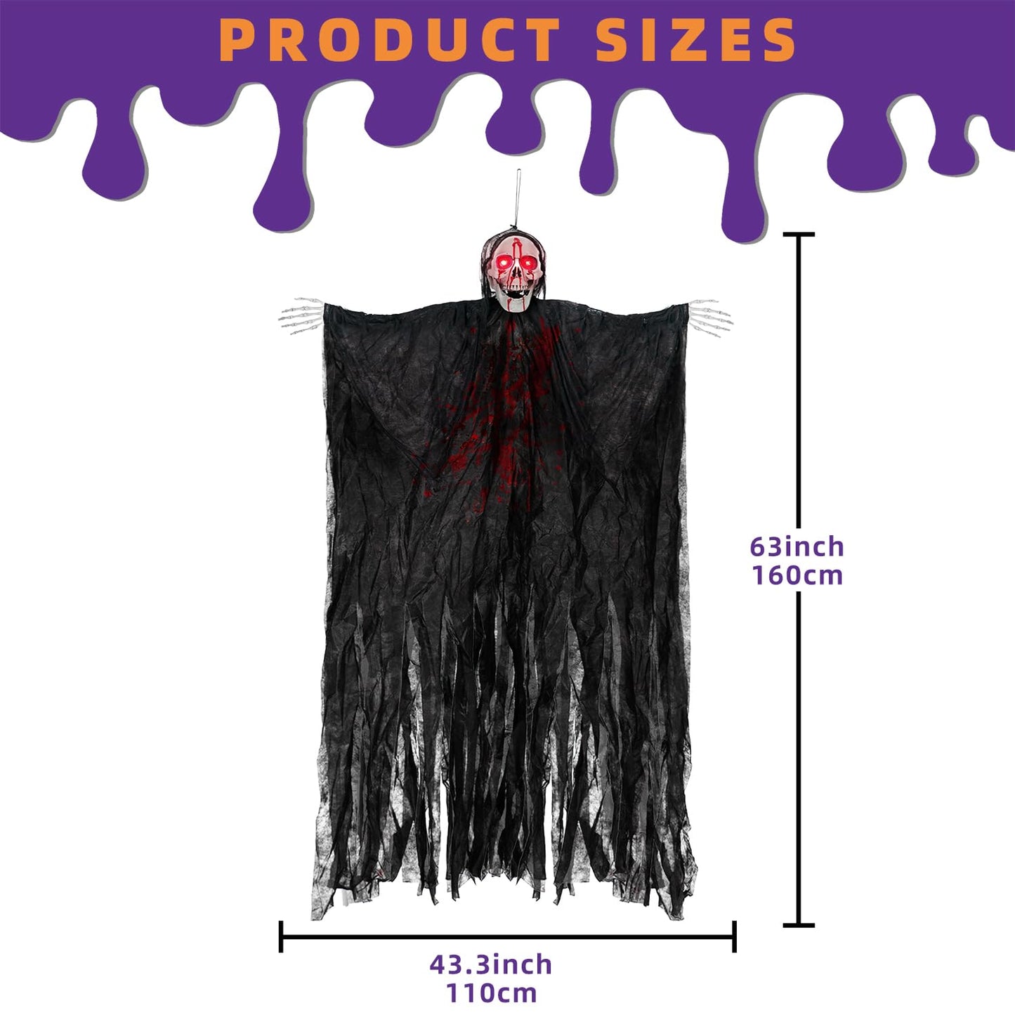 Kendane Halloween Decorations Outdoor and Indoor,67" Scary Hanging Ghosts,Halloween Grim Reaper Skeleton with Light-Up Eyes and Creepy Sound,Party Decorations for Yard,Haunted House Decor