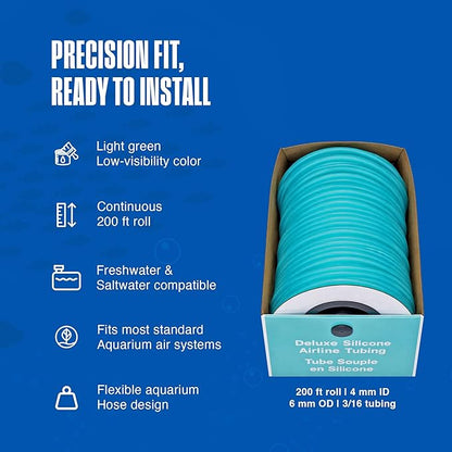 Penn-Plax Aqua-Life Deluxe Silicone Airline Tubing - 3/16 Inch Flexible Airline Hose for Aquarium Pumps, Fish Tank Line for Air Stones & Filters - Safe for Freshwater & Saltwater - 200 ft Long, Green