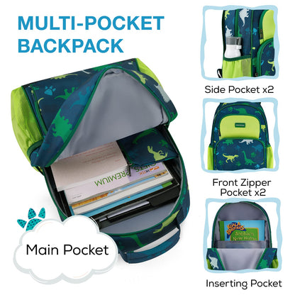 mommore Kids Backpack for Boys, Toddler Backpack for Preschool Kindergarten Elementary Lightweight Bookbag for Students with Lunch Box (3PCS, Dinosaur Green)
