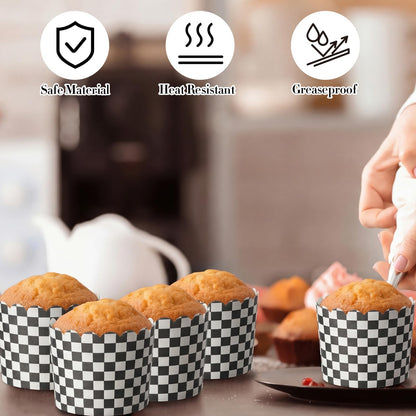 Qinyoung 150 Pcs Race Car Checkered Cupcake Wrappers Liners Black and White Paper Baking Cup Greaseproof Disposable Scalloped Checkered Flag Muffin Case for Racing Car Birthday Party Baby Shower Decor