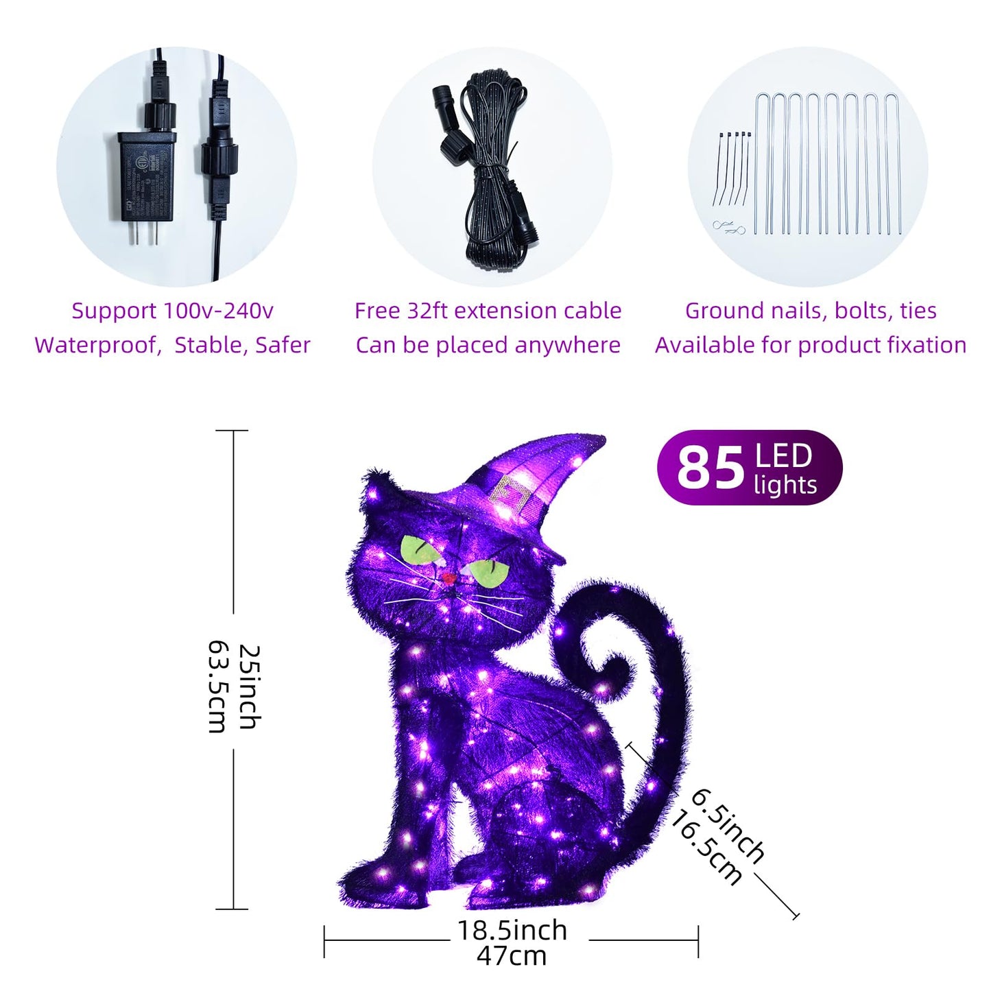 Halloween Decorations Outside Witch Cat - HOYECHI Outdoor Halloween Decor Lighted Black Cat 2ft, Light Up Cat with 85 Led Lights, Ground Stakes, for Front Yard Porch Gardens Lawns Party