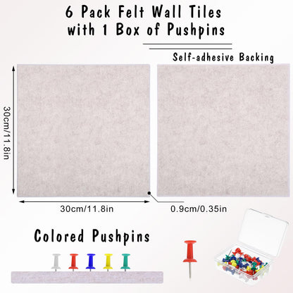 Large Cork Board 36" x 24", 6 Pack Felt Bulletin Board with 30 Pushpins, Cork Boards Alternative with Self-Adhesive Strips, Felt Wall Tiles Pin Boards for Walls Office Home School Decor-Light Tan