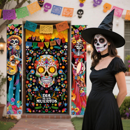 VitalCozy 3 Pcs Day of the Dead Decorations Dia De Los Muertos Door Cover with LED Lights Mexican Dia De Los Muertos Altar Party Porch Sign Halloween Sugar Skull Door Banner Backdrop for Fiesta Party
