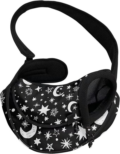 FUSURIRE Moon Star Printed Pet Sling Carrier for Small Dogs and Cats, Black White Puppy Carrier Front Backpack with Adjustable Strap Breathable Travel Bag Mesh Outdoor Dog Carrier Front Pack