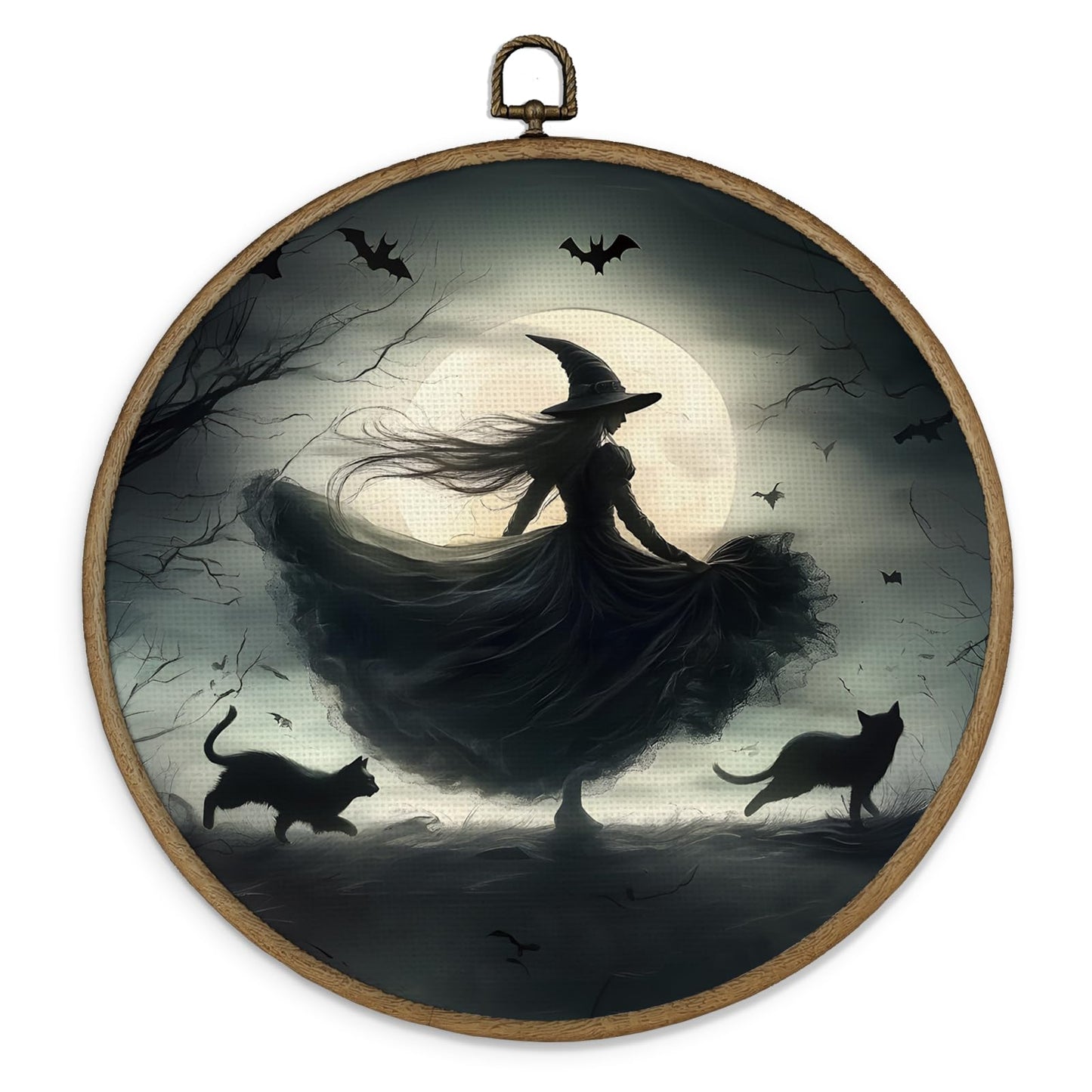 Gnmduw Witchy Black Cat Wall Art Framed, Dark Witchy Academia Decor, Halloween Witch Round Hanging Wall Decor, Dark Gothic Moody Academia Canvas Prints Art for Living Room Bathroom Bedroom, 10x10 In