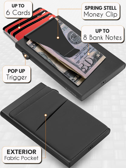 Slim Wallet for Men, Pop Up Card Holder Wallet RFID Blocking, Minimalist Metal Bussiness Credit Card Wallet with Money Clip & Pockets, Aluminum Thin Front Pocket Wallet (Black)