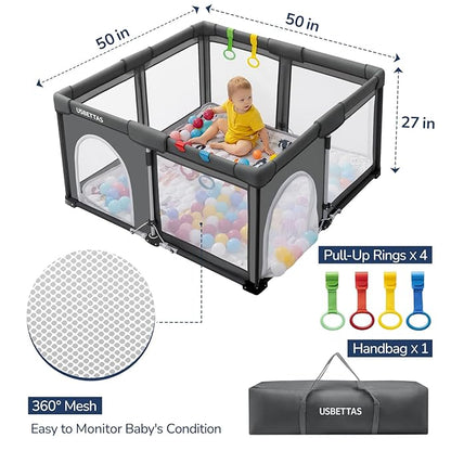 Foldable Baby Playpen, 1-Minute Setup, Lightweight Portable Playpen with Carry Bag, 50"x50" Indoor Outdoor Safty Play Yard for Babies & Toddlers, Dark Gray