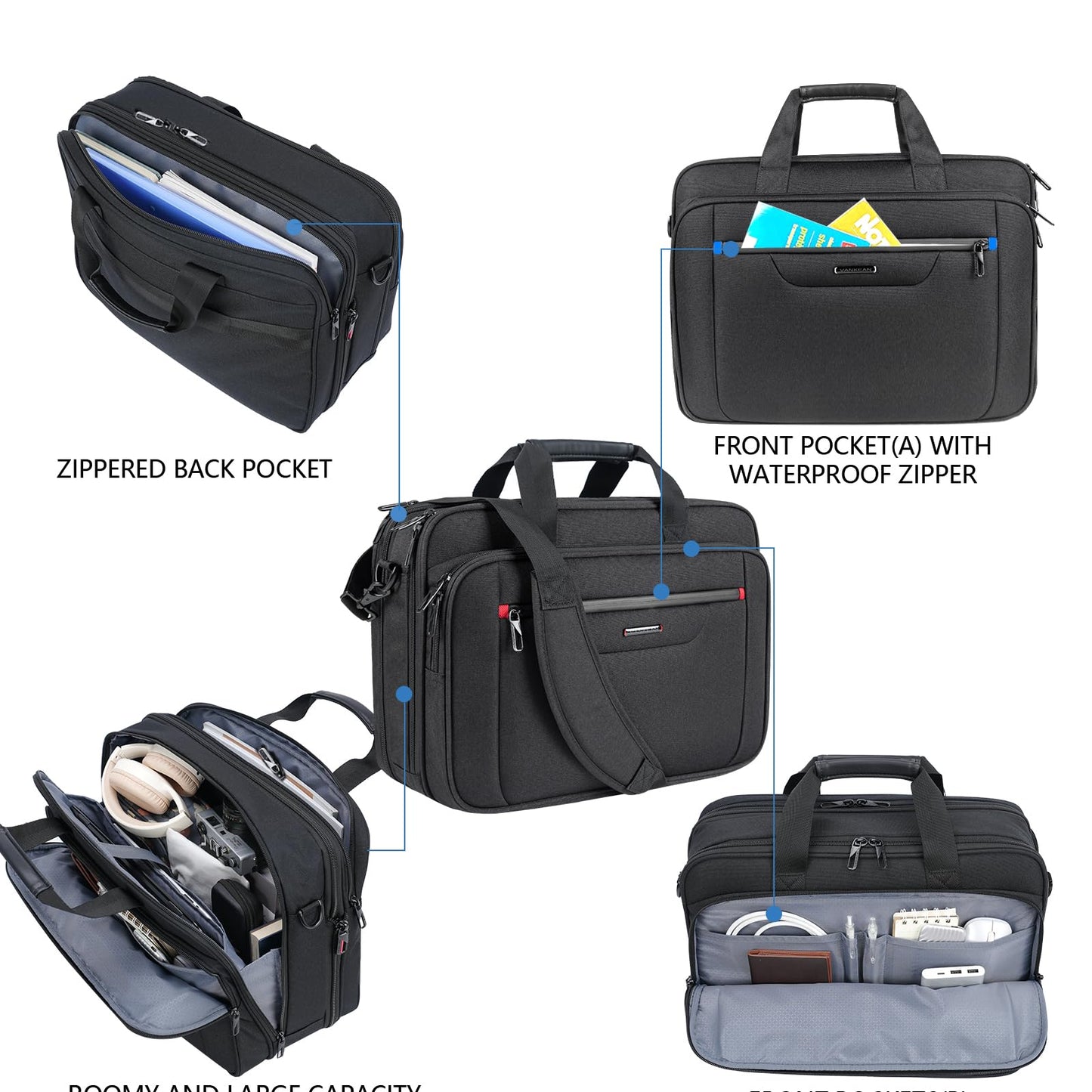 VANKEAN Laptop Briefcase Premium Laptop Case Fits Up to 17.3 Inch Business Shoulder Bag Laptop Expandable Water-Repellent Messenger Bag for Men/ Women Computer Bag for Travel/ Business/ Black