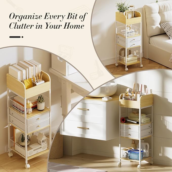 TidyStash Rolling Cart with Drawers 4-Tier Storage Cart with Large Drawers, Heavy-Duty Steel Frame and Wood Shelves Organizer for Makeup, Skincare Bathroom Kitchen Dorm Vanity Home Supplies