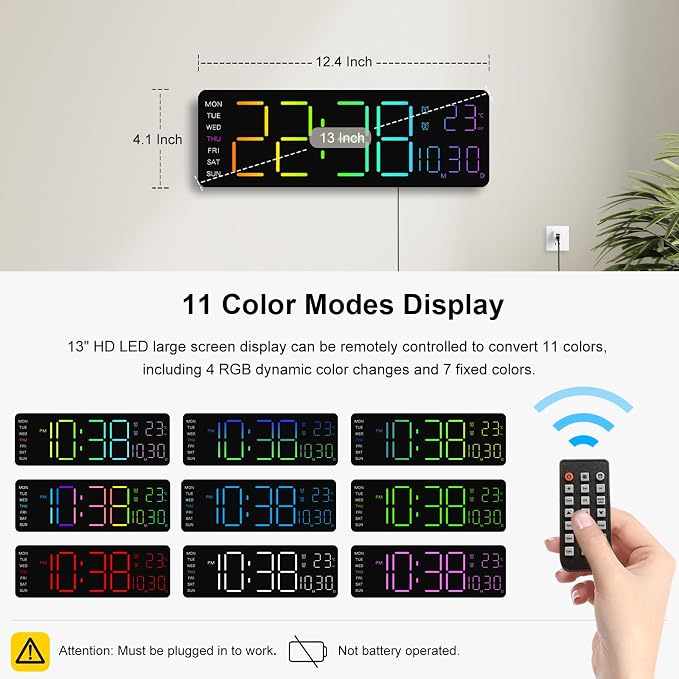 JoFomp LED Digital Clock Large Display with RGB Color Remote Control, 13" Large Digital Wall Clocks for Living Room Decor, Digital Alarm Clock with Temp/Timer/DST/Dimmer/Ambient Light - 12/24H