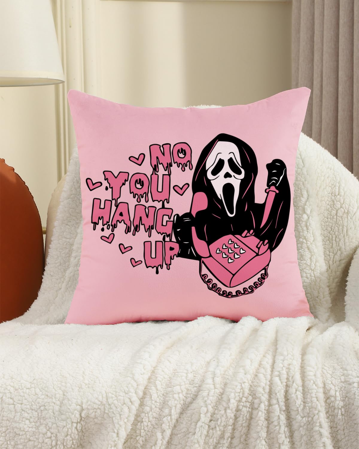 20x20 Inch Pink Throw Pillow Cover - 'No You Hang Up' Funny Horror Ghost Design, Romantic Halloween Decor, Soft Pillowcase for Sofa, Bedroom, Car, Birthday Party Supplies