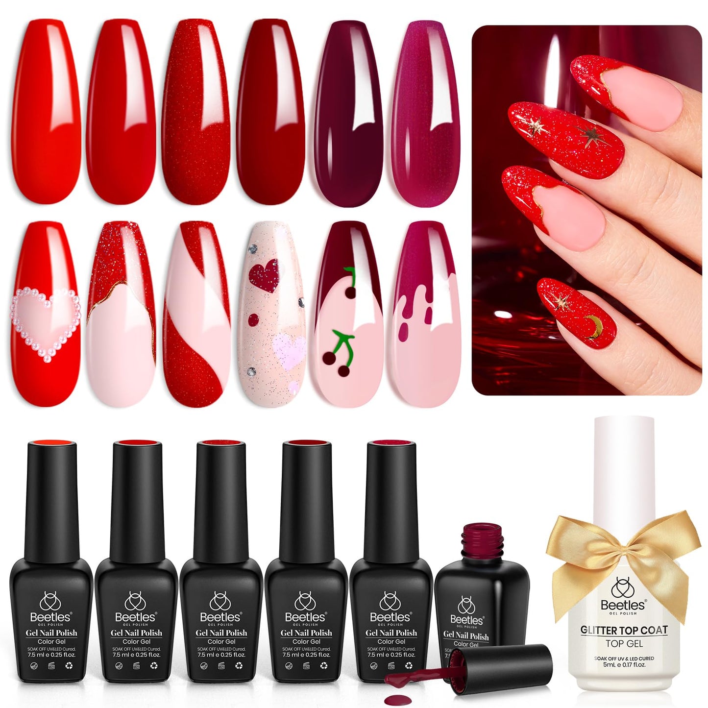 Beetles Cat Eye Gel Nail Polish Set, 6 Colors Glitter Red Pink Shiny Brown Burgundy Purple Blue Green Magnetic Effect Sparkle Stunning Nail Gel Polish Kit Soak Off UV Manicure Gifts for Women