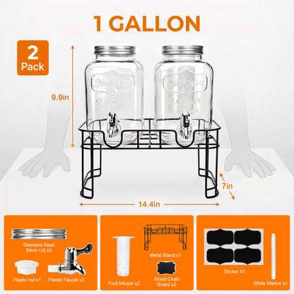 1-Gallon Glass Beverage Dispenser,Accguan Drink Dispenser with Tin Lid and Leak Free Spigot,Black Iron Frame,Mason Drink Dispenser for Parties, Picnics, Barbecues and Daily,2 pack