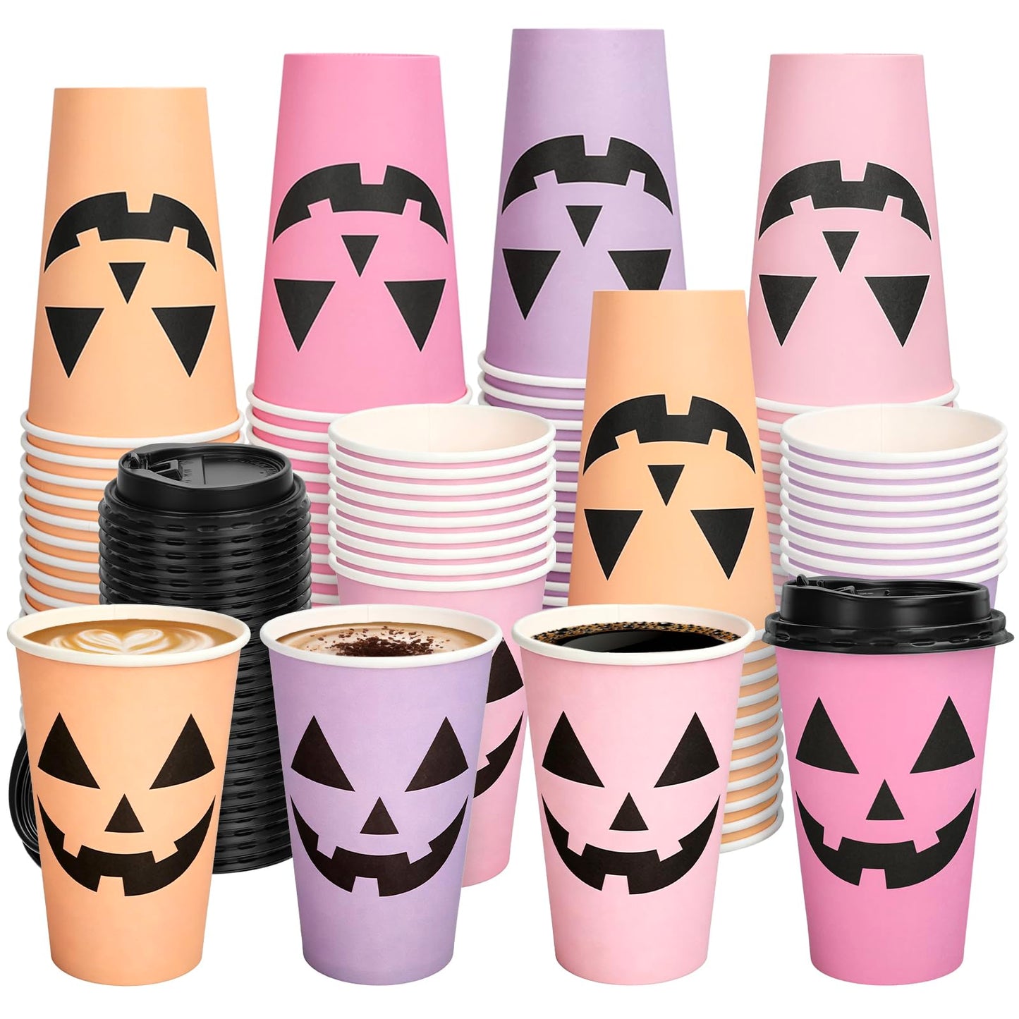 Whaline Halloween Disposable Coffee Cups Ghost Pumpkin Paper Cups with Lids 16 Oz for Holiday Birthday Party Home Office Travel Supplies Hot Cold Drinks, 48 Pcs