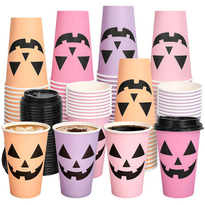Whaline Halloween Disposable Coffee Cups Ghost Pumpkin Paper Cups with Lids 16 Oz for Holiday Birthday Party Home Office Travel Supplies Hot Cold Drinks, 48 Pcs