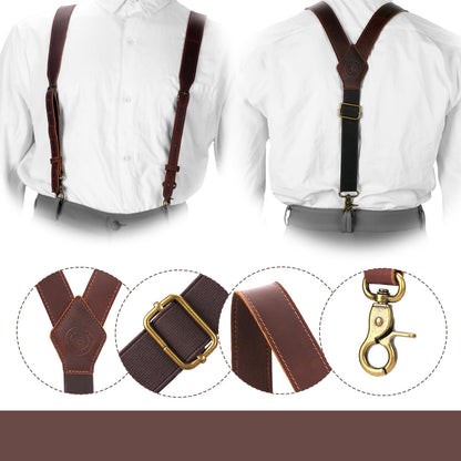 Tourbon Genuine Leather Suspenders for Men Heavy Duty Y Back Design Adjustable Straps with 3 Metal Snap Hooks, Brown